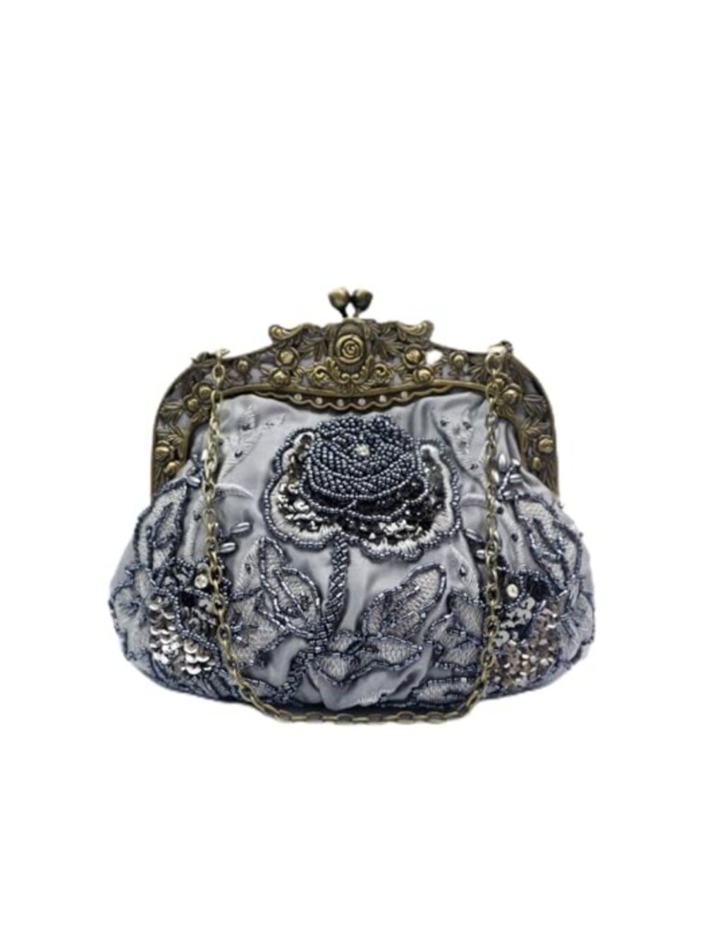 Vintage Beaded Rose Clutch – Handmade Sequin Evening Handbag – Kiss Lock Purse